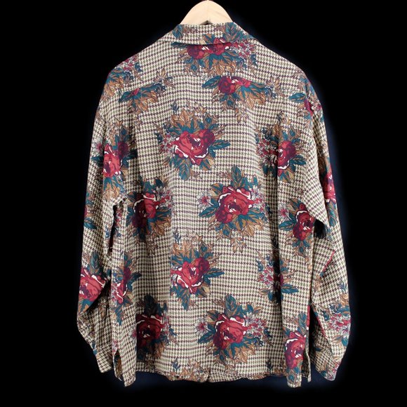 VTG 90s 100% Silk Blouse Button Front Long Sleeve Collar Floral Houndstooth Boxy - Picture 4 of 5